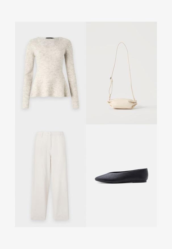 Suéter de manga larga beige claro con textura acanalada, escote redondeado y dobladillo acampanado. Hecho de un tejido de punto suave.; Pantalones de algodón beige con un diseño de pierna recta, que presentan un cierre de botón, bolsillos frontales y un acabado limpio en los dobladillos.; Zapato plano de ballet negro con punta puntiaguda y patrón perforado sutil, mostrado de lado sobre un fondo blanco sencillo.; Bolso bandolera pequeño de cuero beige con correa ajustable, mostrado sobre un fondo claro y liso.