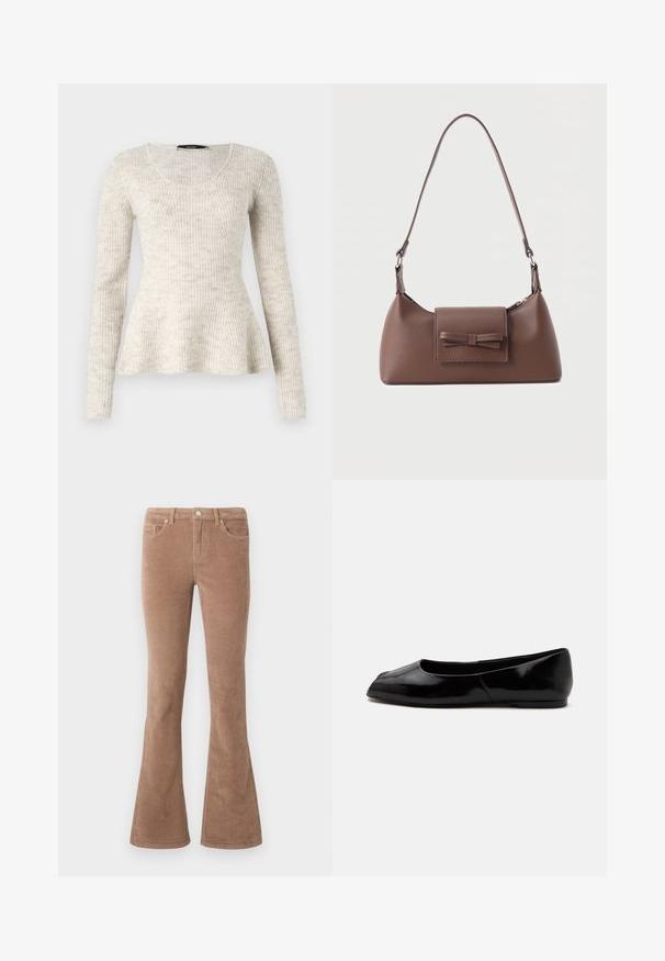 Suéter de manga larga beige claro con textura acanalada, escote redondeado y dobladillo acampanado. Hecho de un tejido de punto suave.; Pantalones de pana marrón acampanados con una superficie texturizada, que cuentan con cinco bolsillos, cierre de botón y trabillas para el cinturón.; Zapato plano negro brillante de ballet con puntera cuadrada y tacón bajo, mostrado de lado sobre un fondo claro y liso.; Bolso bandolera de cuero marrón con un bolsillo frontal de solapa que presenta un detalle de moño cosido y una correa ajustable.