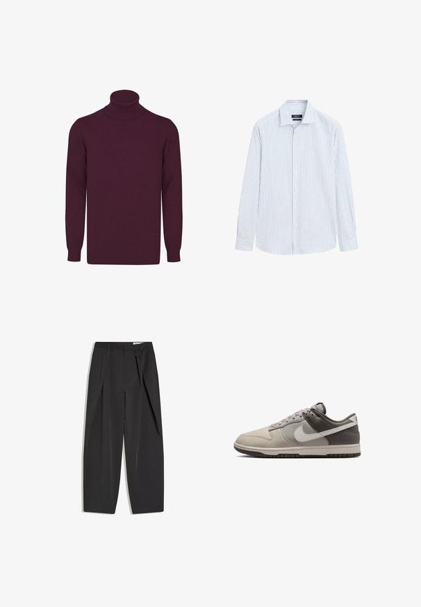 Burgundy rullekrave sweater lavet af blødt stof, med lange ærmer, ribbede krave og manchetter samt en glat overflade.; Hvid langærmet skjorte med knapper, tynde lodrette blå striber og klassisk krave, vist fladt på en hvid baggrund.; Sorte sorte bukser med høj talje, skræddersyede med læg, bæltestropper og lige ben, vist fladt på en hvid baggrund.; Low-top Nike sneaker i beige, grå og hvid med hvid swoosh-logo og grå sål, vist fra siden på hvid baggrund.