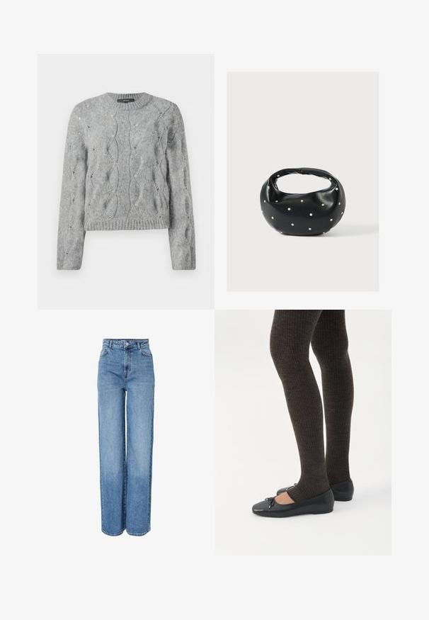 Pull à manches longues en tricot torsadé gris, avec un col rond et des bords côtes à l'encolure et aux manches, présenté sur fond blanc.; Jean en denim bleu, taille haute, coupe droite, avec fermeture à boutons et zip à l'avant, passants pour ceinture et poches avant et arrière.; Jambes portant des leggings côtelés foncés associés à des ballerines noires avec de petits détails en nœud sur fond blanc.; Sac à main en cuir noir de forme arrondie, décoré de clous argentés et équipé d'une poignée courte. Texture lisse et fermeture éclair.