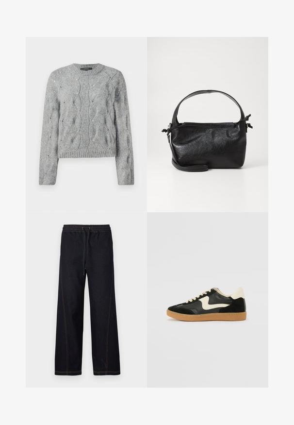Pull à manches longues en tricot torsadé gris, avec un col rond et des bords côtes à l'encolure et aux manches, présenté sur fond blanc.; Pantalon en denim foncé à jambes larges, doté d'une taille élastique avec cordon de serrage, de coutures orange contrastantes et de lignes droites et épurées.; Baskets en daim et cuir noir avec un swoosh latéral crème et un talon crème clair. Dotées de lacets beige et d'une semelle en caoutchouc gomme.; Sac à main en cuir noir au design structuré, avec une poignée arrondie et une bandoulière amovible. Présente une texture lisse et un éclat subtil.