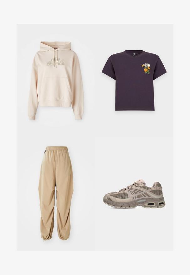 Beige kapuutsiga sviiter, millel on eesmine tasku, millel on "new balance" logo ja õitega aktsendid vaigistatud värvustes. Pehme kangas ja pikad varrukad.; Lilla puuvillast T-särk ümar kaelusega, vasakul rinnal tikitud lillemotiiv ja logo. Lühikesed varrukad, lõdvestunud istuvus.; Beežid kerged püksid elastse vöökohtaga, kitsenevate sääreotsadega ja sileda tekstuuriga. Püksid on lõdva lõikega ning neil ei ole nähtavaid mustreid ega kaunistusi.; Bež spordijalanöör, millel on võrgusilma ülemine osa, vormitud detailid, ümar varvas ja nähtav õhkpadjandus tallas. Paelad neutraalses toonis.