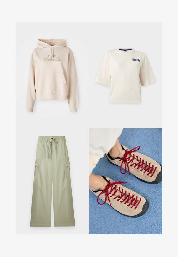 Beige kapuutsiga sviiter, millel on eesmine tasku, millel on "new balance" logo ja õitega aktsendid vaigistatud värvustes. Pehme kangas ja pikad varrukad.; Valge lühikeste varrukatega T-särk, millel on vasakul rinna ülaosas väike sinine The North Face'i logo.; Helerohelised laia säärega püksid, millel on elastne vöökoht ja nöör, külgpäraga taskud ning mugav lõige.; Beezhikirid punased nööridega, paigutatud sinisele tekstureeritud pinnale, osaliselt paljastavad inimese pahkluu. Kingad on sportliku disainiga.