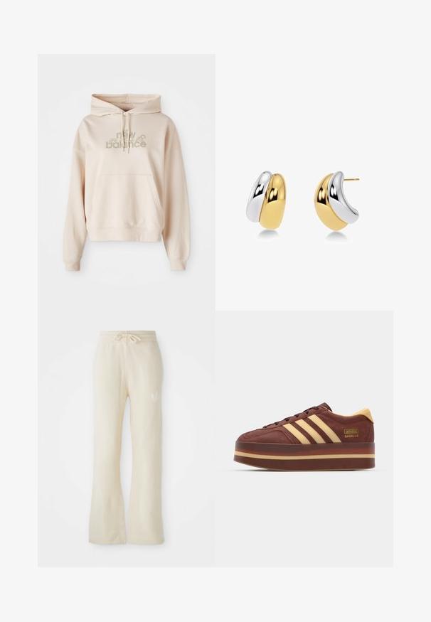 Beige kapuutsiga sviiter, millel on eesmine tasku, millel on "new balance" logo ja õitega aktsendid vaigistatud värvustes. Pehme kangas ja pikad varrukad.; Kreemikasv värvi dressipüksid pehme tekstuuriga, millel on nööriotstega vöökoht ja laia säärega disain. Vasakul puusal on diskreetne logo.; Pruunist sametist tennisjalats kollaste aktsentidega, millel on kolm külgtriipu, paks platvormitald ja kuldne logo detail.; Kullast ja hõbedatooniga metallist kõrvarõngad, millel on sile, ümar disain, peegeldava pinnaga ja kaardus kujundused.
