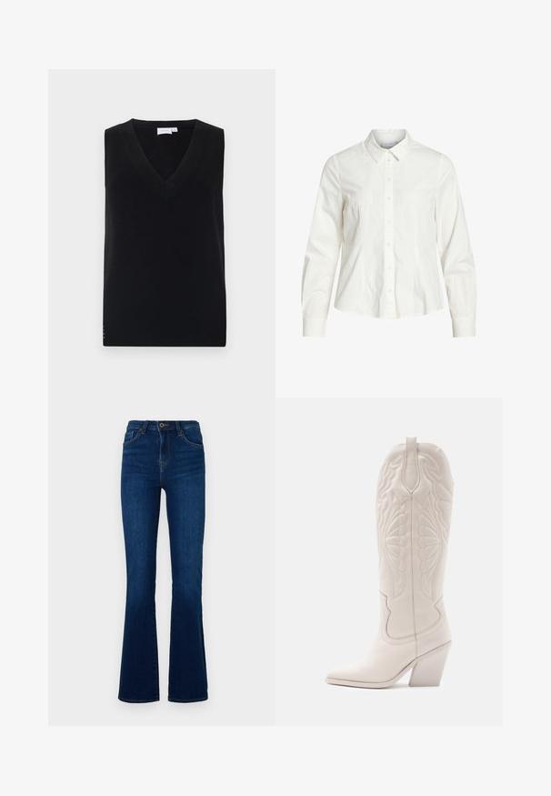 Suéter negro sin mangas de punto con un profundo escote en V, que presenta una textura de canalé y sutiles acentos laterales. Diseño clásico con corte recto.; Camisa blanca de botones hecha de algodón, con collar clásico, mangas largas y un sutil detalle de pliegues en la parte delantera. Textura suave.; Jeans de mezclilla azul oscuro con corte acampanado y cintura alta, que cuentan con bolsillos frontales, cierre con cremallera y detalles de costura sutiles.; Bota vaquera de cuero blanco con punta afilada y tacón bloqueado. Presenta patrones de costura intrincados en el caña y una textura suave.