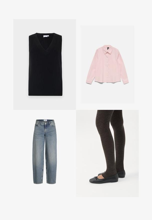 Pull en tricot sans manches noir avec un décolleté en V profond, présentant une texture côtelée et de subtils accents latéraux. Design classique avec une coupe droite.; Chemise rose clair à manches longues avec col et boutons, étalée à plat sur un fond blanc.; Jean délavé, ample et taille haute, fabriqué en denim. Il présente cinq poches et une fermeture à bouton et zip traditionnelle.; Jambes portant des leggings côtelés foncés associés à des ballerines noires avec de petits détails en nœud sur fond blanc.