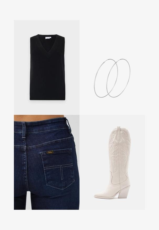 Schwarzer ärmelloser Strickpullover mit tiefem V-Ausschnitt, ausgestattet mit einer gerippten Textur und dezenten seitlichen Akzenten. Klassisches Design mit geradem Schnitt.; Dunkelblaue Jeans aus Denim mit einer standardmäßigen Gesäßtasche. Verfügt über gestickte Details und ein kleines gelbes Label mit der Marke "Lois".; Weiße Leder-Cowboystiefel mit spitzer Zehe und blockiertem Absatz. Sie verfügen über aufwendige Steppmuster am Schaft und eine glatte Textur.; Silberne Creolen mit minimalistischem Design. Rundform, glatte Oberfläche und dünnes Profil. Leichtgewichtig mit hochglänzender Oberfläche.
