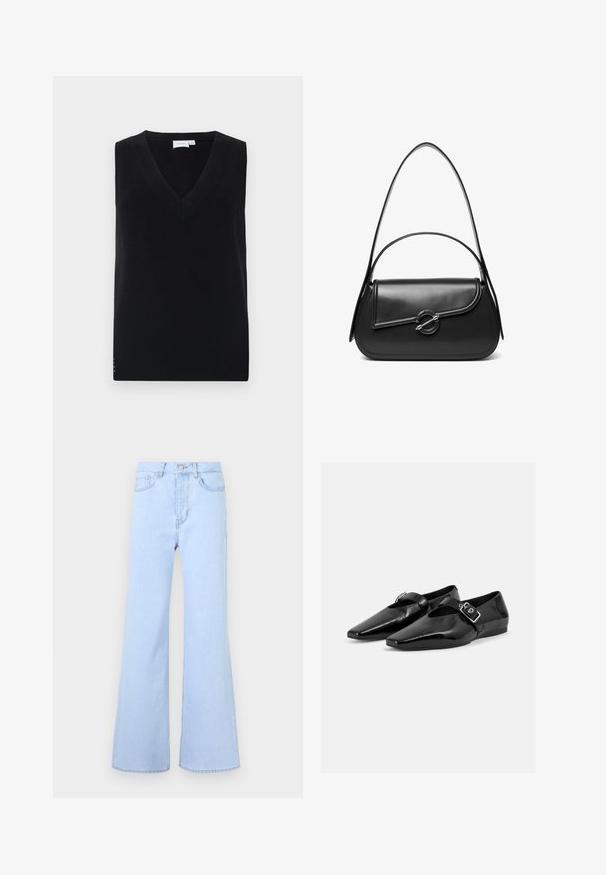 Pull en tricot sans manches noir avec un décolleté en V profond, présentant une texture côtelée et de subtils accents latéraux. Design classique avec une coupe droite.; Jean évasé bleu clair taille haute, doté de cinq poches, d'une fermeture à bouton et d'une texture denim lisse. Les bords sont soigneusement cousus.; Paire de chaussures plates en cuir verni noir à bouts pointus avec une bride à boucle sur le dessus, montrée sur un fond clair uni.; Sac à bandoulière en cuir noir avec un rabat incurvé fermé par un fermoir métallique rond et une sangle fine et ajustable.