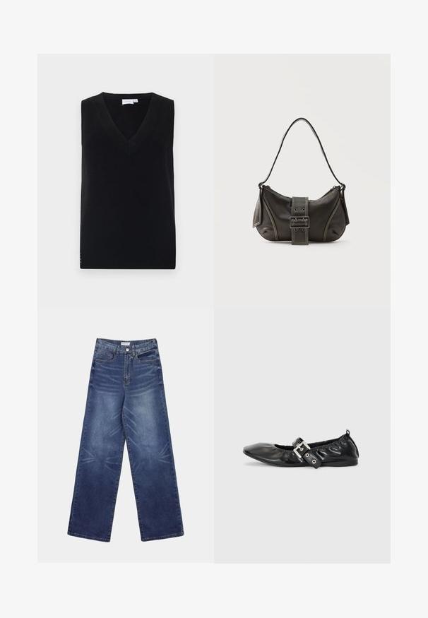 Sort ærmeløs striktrøje med en dyb V-hals, featuring en ribbet tekstur og subtile sideaccenter. Klassisk design med en lige pasform.; Vidbenede denimjeans i mørkeblå, med høj talje, tydelige falmninger foran og klassisk femlomme-design.; Sorte læder flade sko med spids tå, samling detaljer omkring åbningen, og en sølv spænde accent på den justerbare rem.; Sort læder skuldertaske med spænde på remmen, afrundede kanter og kontrasterende hvide syninger på en ensfarvet baggrund.