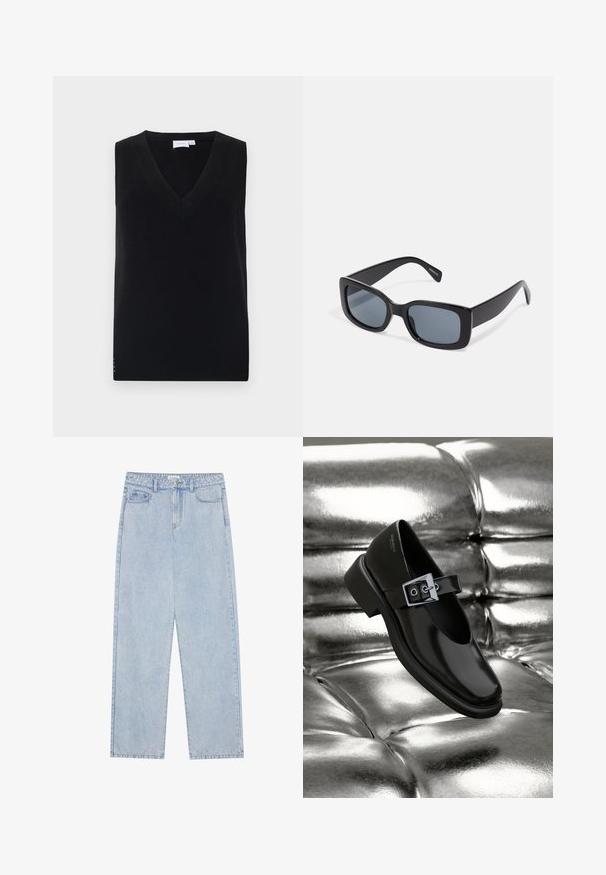 Zwarte mouwloze gebreide trui met een diepe V-hals, voorzien van een geribbelde textuur en subtiele zijaccenten. Klassiek ontwerp met een rechte snit.; Lichtblauwe, high-waisted denim jeans met een straight-leg snit, vijf zakken en zichtbare stiksels. Het materiaal heeft een klassieke wassing.; Zwarte leren Mary Jane-schoenen met een vierkante neus, een zilveren gesp accent en een chunky lage hak, tegen een glanzende zilveren achtergrond.; Zwarte rechthoekige zonnebril met donkere getinte lenzen, een dik plastic montuur en brede scharnieren. Glad oppervlak en hoekig ontwerp.
