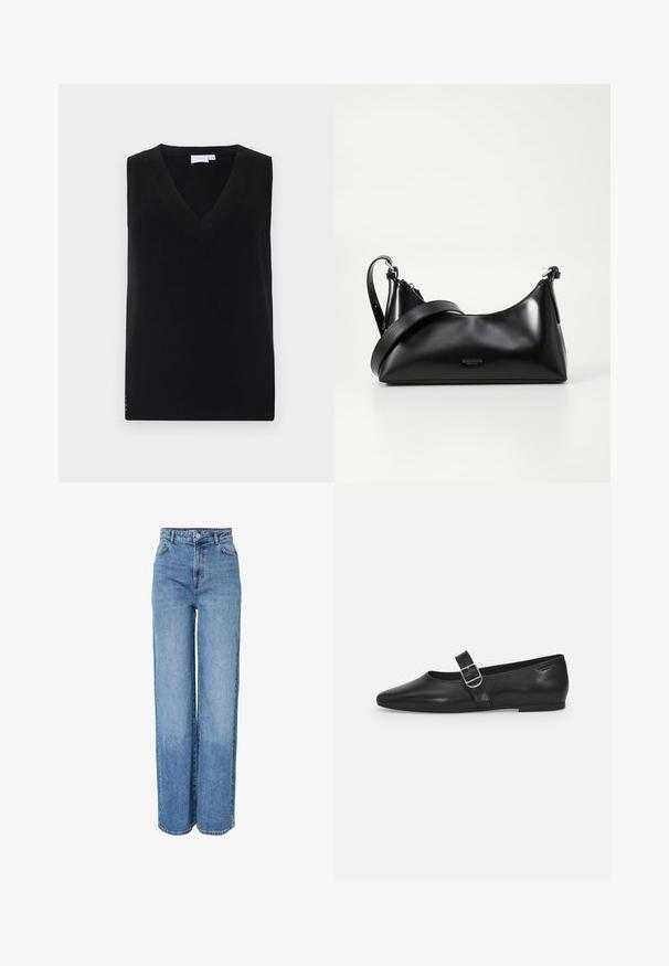 Zwarte mouwloze gebreide trui met een diepe V-hals, voorzien van een geribbelde textuur en subtiele zijaccenten. Klassiek ontwerp met een rechte snit.; Blauwe denim jeans met hoge taille en rechte pijpen, voorzien van knoop- en ritssluiting aan de voorkant, ceintuurlussen, en voor- en achterzakken.; Zwarte leren platte schoen met een ronde neus, een enkele verstelbare gespsluiting en een gladde, glanzende textuur. Minimalistisch ontwerp met een lage hak.; Zwarte leren handtas met een gladde textuur. Beschikt over een verstelbare schouderband en een strak, minimalistisch ontwerp met een ritssluiting.