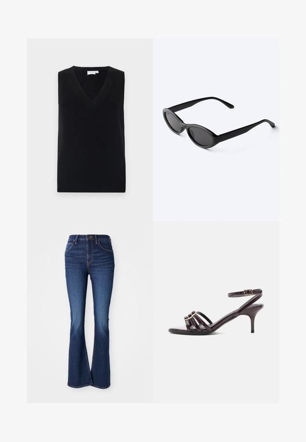 Zwarte mouwloze gebreide trui met een diepe V-hals, voorzien van een geribbelde textuur en subtiele zijaccenten. Klassiek ontwerp met een rechte snit.; Blauwe flare jeans van denim, met een hoge taille, vijf pocketontwerp en contrasterende oranje stiksel langs de naden.; Donkerpaarse sandalen met hak, met dunne enkelband, vierkante neus, drie voorste bandjes met gouden gespen en een slanke hak van gemiddelde hoogte.; Strakke zwarte ovale zonnebril met donkere glazen en rechte pootjes, rustend op een wit oppervlak.