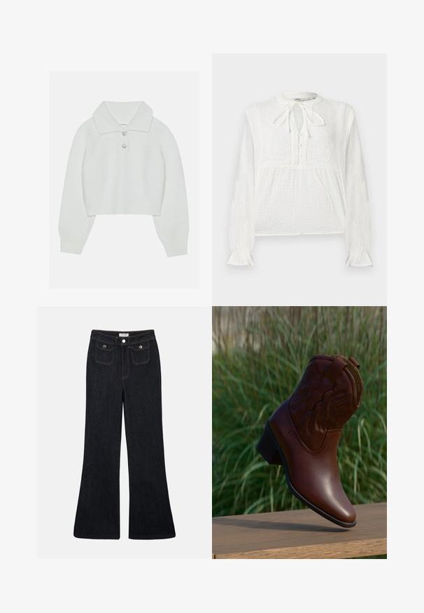 Witte cropped sweater met een geribbelde textuur, grote kraag en drie decoratieve knopen bij de halslijn. Lange mouwen met geribbelde boorden.; Witte blouse met lange mouwen van getextureerde stof, geborduurde bloemmotieven, knoopsluiting en een strikdetail bij de hals.; Flared donkerdenim jeans met een hoge taille, twee voorzakken en oranje stiksels. Het materiaal lijkt stevig en glad.; Bruine leren cowboylaars met decoratief stiksel, schuin omhoog geplaatst op een houten oppervlak met een vage groene grasachtergrond.
