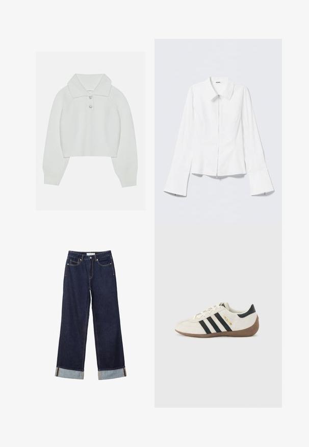 Witte cropped sweater met een geribbelde textuur, grote kraag en drie decoratieve knopen bij de halslijn. Lange mouwen met geribbelde boorden.; Wit lang mouwen shirt met een kraag en een rits aan de voorkant. Heeft uitlopende manchetten en een gladde, katoenmengseltextuur.; Donkerblauwe wijde spijkerbroek met omslagen aan de zoom, knoopsluiting aan de voorkant, ritssluiting en ontwerp met vijf zakken.; Witte Adidas-sneaker met zwarte strepen, bruine gestructureerde zool en gouden "SPEZIAL"-letters aan de zijkant, gezien vanaf de buitenkant.