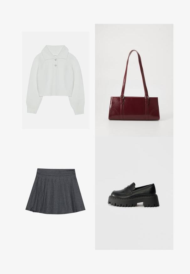Hvid cropped sweater med ribbet tekstur, stor krave og tre dekorative knapper ved halsudskæringen. Lange ærmer med ribbede manchetter.; Grå stribede skater nederdel med en tætsiddende talje, udformet i A-linje og en blød stofstruktur. Lodrette linjer øger den visuelle interesse.; Sort læderloafer med en tyk, klodset gummisål, der har en tandet kant og en enkelt dekorativ hardwaredetalje på overdelen.; Bordeaux håndtaske lavet af glansfuldt materiale, rektangulær form, med to skulderremme og subtile buede detaljer på forsiden.