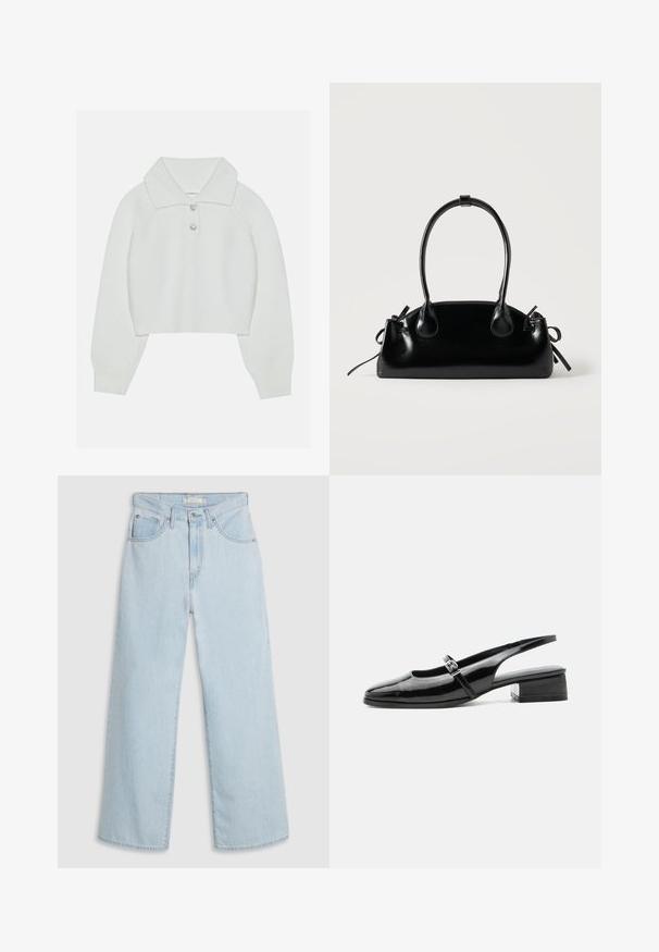 Witte cropped sweater met een geribbelde textuur, grote kraag en drie decoratieve knopen bij de halslijn. Lange mouwen met geribbelde boorden.; Lichtblauwe, wijde denim jeans met een hoge taille, voorzien van een knoop- en ritssluiting, dubbele voorzakken en subtiele stikseldetails.; Zwarte lakleren slingback schoen met een lage blokhak en een dunne band met zilveren gesp bovenop.; Kleine zwarte glanzende handtas met twee lange hengsels en zijkant trekkoord details op een effen lichte achtergrond.