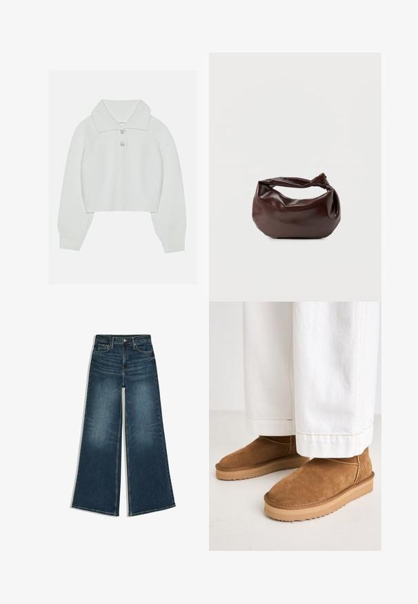 Pull blanc court avec une texture côtelée, grand col et trois boutons décoratifs au niveau du col. Manches longues avec des poignets côtelés.; Jean en denim bleu à jambes larges avec bouton sur le devant et poches, posé à plat sur fond blanc.; Bottines en daim marron avec un bout rond et une semelle en caoutchouc texturée, associées à un pantalon large blanc avec des coutures contrastantes.; Sac bandoulière en cuir marron foncé avec une forme souple et décontractée et une anse nouée torsadée sur un fond blanc uni.