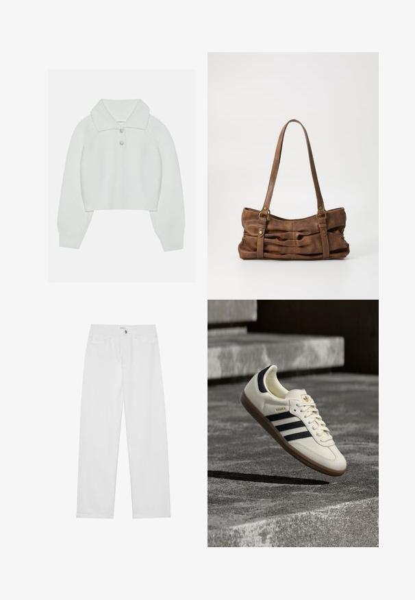 Hvid cropped sweater med ribbet tekstur, stor krave og tre dekorative knapper ved halsudskæringen. Lange ærmer med ribbede manchetter.; Hvide denimbukser med løs pasform, med knaplukning foran, for- og baglommer samt et lige ben-design. Flad tekstur uden mønstre.; Hvid Adidas Samba sneaker med sorte striber og gummsål, svævende over teksturerede grå betonstrin.; Even&Odd by Zalando Håndtasker - brown