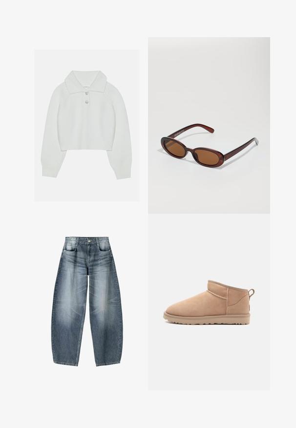 Hvid cropped sweater med ribbet tekstur, stor krave og tre dekorative knapper ved halsudskæringen. Lange ærmer med ribbede manchetter.; Bredde jeans lavet af lyseblå denim med falmning, der har et fem-lomme design, knaplukning og minimale syninger.; Brune ruskindsankelstøvle med en rund tå, blød tekstur, enkelt design og en lavprofil gummisål. Har en trækrem bagpå.; Runde, bruntonede solbriller med en glansfuld bordeauxramme. Slanke arme med diskret brandingdetalje. Flad linsedesign.