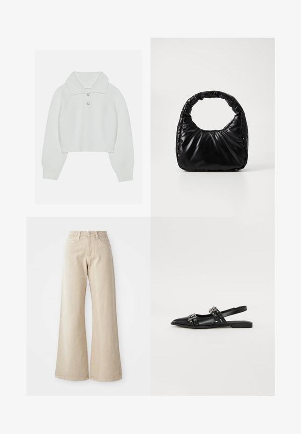 Witte cropped sweater met een geribbelde textuur, grote kraag en drie decoratieve knopen bij de halslijn. Lange mouwen met geribbelde boorden.; Beige wijde jeans van denim, met een hoge taille, voorzakken en een eenvoudig ontwerp zonder patronen of accenten.; Even&Odd by Zalando Slingback ballerina´s - black; Zwarte gevoerde handtas met een ronde handgreep, met een gladde, glanzende oppervlakte en een zachte, gewatteerde textuur. Geen zichtbare metalen onderdelen of accenten.