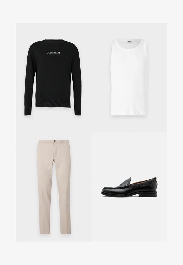 Suéter negro de manga larga, con acabado de canalé en el dobladillo y los puños, que presenta "GUESS JEANS" bordado en blanco en la parte delantera. Textura de punto suave.; Camiseta sin mangas de algodón blanco con cuello redondo y una textura suave. Diseño sencillo, sin patrones ni acentos.; Pantalones beige de corte slim con trabillas para cinturón, cierre de botón y cremallera frontal, mostrados extendidos sobre un fondo blanco.; Mocasín de hombre de piel negra con costura moc toe, tira penny, cuello texturizado y tacón bajo apilado sobre fondo blanco.