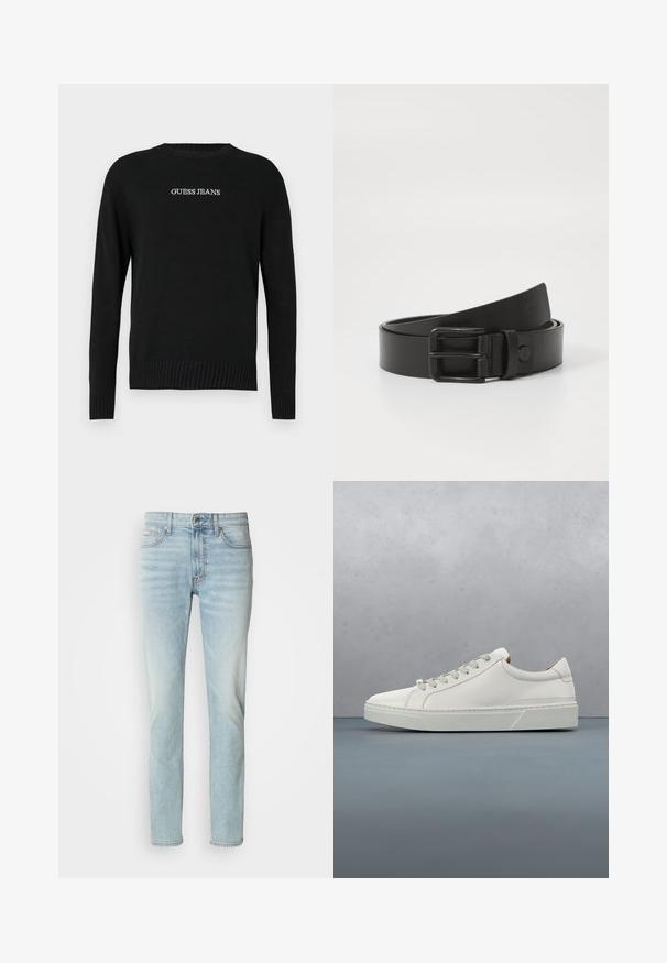 Zwarte trui met lange mouwen, geribbelde zoom en manchetten, met "GUESS JEANS" in het wit geborduurd op de voorkant. Zachte brei textuur.; Lichtblauwe jeans van denim, met een rechte pijp, een normale taillehoogte en subtiele vervaging. Inclusief vijf zakken en een metalen knoop.; Witte leren sneaker met een ronde neus, minimalistisch ontwerp, grijze veters en een gestructureerde grijze rubberen zool. Fijne stikdetails zichtbaar.; Zwarte leren riem met een rechthoekige metalen gesp. Heeft een gladde textuur en een minimalistisch ontwerp, rolt lichtjes op aan het einde.