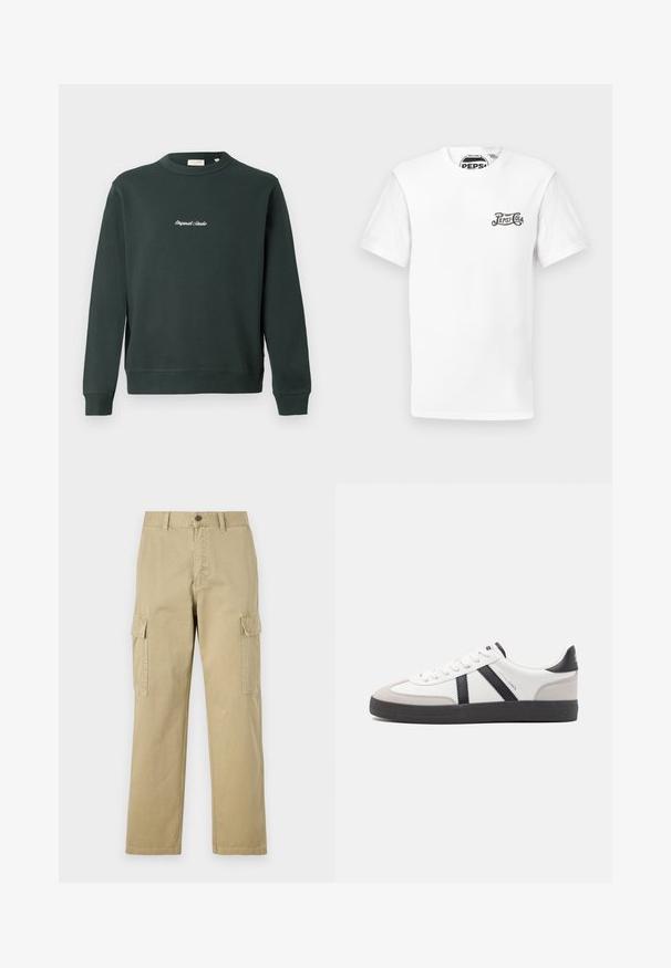 Dunkelgrüner Pullover mit Rundhalsausschnitt, gerippten Bündchen und Saum. Verfügt über weißen gestickten Text auf der Brust. Hergestellt aus einem Baumwollmischgewebe.; Weißes T-Shirt mit kurzer Ärmeln und Rundhalsausschnitt, mit kleinem schwarzen "Pepsi-Cola"-Logo auf der linken Brust und markiertem Halsband.; Beige Cargo-Hosen aus Baumwolle, mit zwei Seitentaschen, einem Knopfverschluss und geraden Beinen aus einem leicht strukturierten Stoff.; Weiße Sneaker mit schwarz- und grau-aczenten, ausgestattet mit einer strukturierten grauen Zehenkappe, schwarzer Gummi-Sohle und flachen weißen Schnürsenkeln. Sauberes Design, minimalistische Stil.