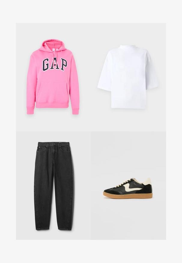 Sweat à capuche rose avec poche avant et logo GAP noir en lettres majuscules sur la poitrine, doté de cordons à la capuche.; Haut blanc en coton à manches courtes avec un col montant et arrondi et une coupe ample. Texture lisse, sans motifs ni accents visibles.; Jean en denim noir à coupe droite, avec cinq poches, une fermeture à bouton et un détail de couture minimal. Design et texture classiques.; Baskets en daim et cuir noir avec un swoosh latéral crème et un talon crème clair. Dotées de lacets beige et d'une semelle en caoutchouc gomme.