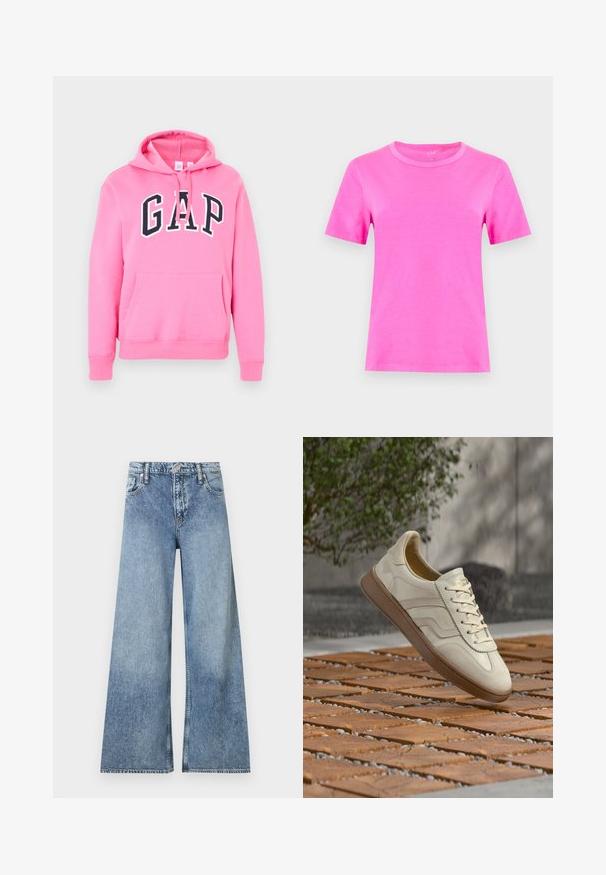 Sweat à capuche rose avec poche avant et logo GAP noir en lettres majuscules sur la poitrine, doté de cordons à la capuche.; T-shirt rose vif à manches courtes et col rond, présenté de face sur un fond gris clair uni.; Jean denim bleu clair à jambes larges avec poches avant, passants pour ceinture, fermeture à bouton et détails délavés.; Baskets couleur crème avec une semelle extérieure en caoutchouc beige texturée, un design à lacets et un marquage subtil sur le côté. Tige en cuir lisse.