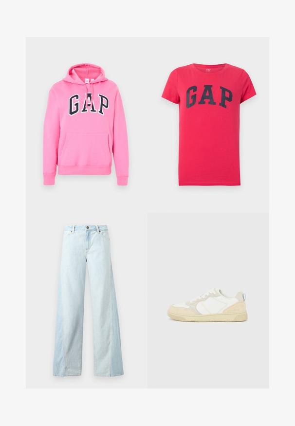 Sweat à capuche rose avec poche avant et logo GAP noir en lettres majuscules sur la poitrine, doté de cordons à la capuche.; T-shirt rouge à manches courtes avec col rond et grand logo texte noir "GAP" centré sur la poitrine, sur un fond gris clair.; Jean denim bleu clair à jambes larges avec boutons à l'avant, fermeture éclair, et poches avant, présenté sur un fond uni.; Baskets blanches et beiges avec dessus en suède et textile, présentant des coutures contrastées, une semelle en caoutchouc et un accent bleu clair sur le talon.