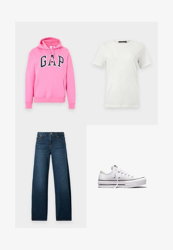 Sweat à capuche rose avec poche avant et logo GAP noir en lettres majuscules sur la poitrine, doté de cordons à la capuche.; T-shirt blanc uni à manches courtes avec encolure ronde, ourlet droit, présenté à plat sur un fond clair.; Jean en denim bleu foncé à coupe droite avec cinq poches et rivets en cuivre, présenté sur un fond blanc.; Baskets basses en toile blanche avec lacets blancs, semelle en caoutchouc, détails à rayures noires, et écusson logo sur la languette et le talon.
