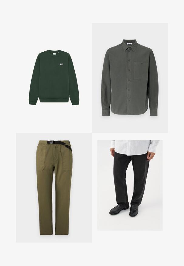 Sweat-shirt vert foncé à manches longues et col rond avec un petit texte blanc et jaune clair « Cafe Los Drios » sur le côté gauche de la poitrine.; Chemise boutonnée vert foncé en coton, dotée d'un col classique, de manches longues et d'une poche poitrine unique avec un bouton.; Pantalon droit vert olive avec grandes poches plaquées avant et ceinture noire ajustable intégrée à la taille.; Pantalons en denim noir associés à des mocassins noirs brillants. La chemise est blanche avec de fines rayures verticales, avec des manches longues et un col boutonné.