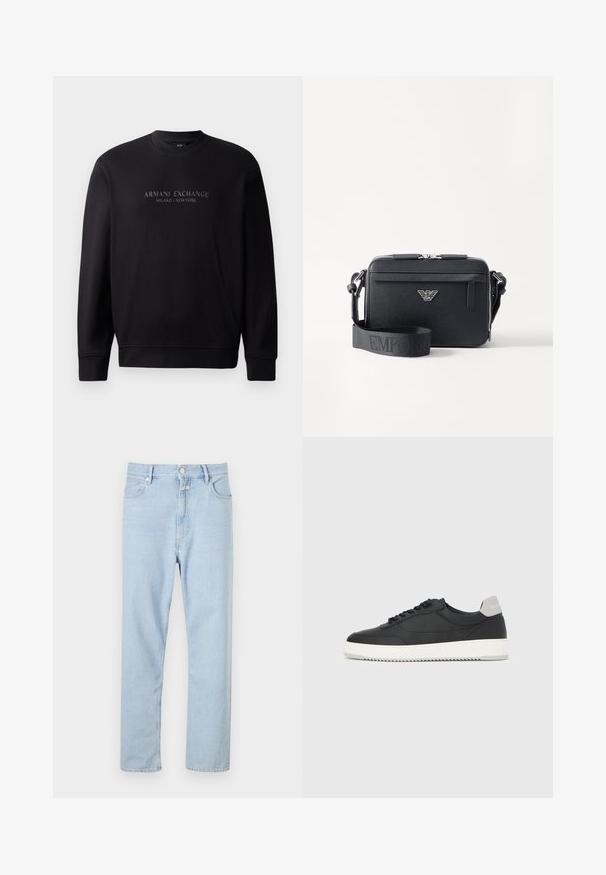 Sweat-shirt noir à col rond avec "ARMANI EXCHANGE MILANO / NEW YORK" en texte en relief sur le devant. Le tissu est lisse avec des poignets côtelés.; Jeans droit en denim bleu clair, dotés d'une fermeture à boutons et à zip, de cinq poches et d'une légère décoloration sur le tissu.; Baskets basses noires avec semelle blanche et languette grise au talon, vue de profil sur un fond blanc uni.; Sac bandoulière noir en matériau texturé. Comprend une fermeture zippée, une poche zippée à l'avant et un accent en métal avec logo. Inclut une bandoulière réglable.