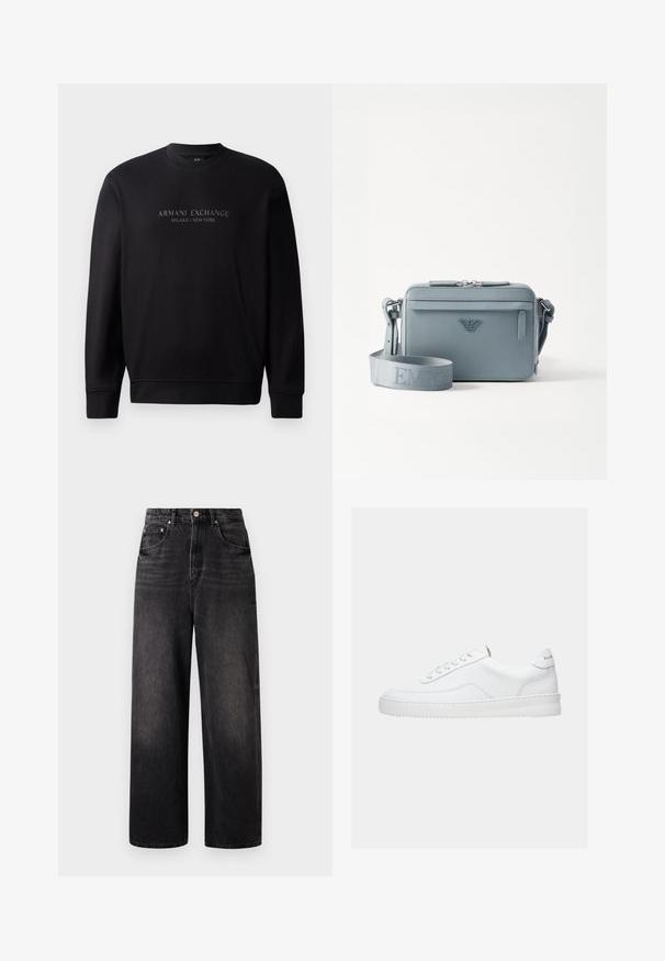 Sorte crewneck sweatshirt med "ARMANI EXCHANGE MILANO / NEW YORK" i prægede bogstaver på fronten. Stoffet er glat med ribbede manchetter.; Sorte denim jeans med løstsiddende pasform, høj talje, fem lommer og synlig knaplukning. Har diskret falmning og lige ben design.; Hvid lavt sneaker med snørelukning, glat læderoverdel og tyk sål, vist fra siden på en ensfarvet baggrund.; Blå struktureret crossover taske lavet af struktureret materiale, med lynlåslukning, forlommer og justerbar skulderrem med "EMPOR" branding.