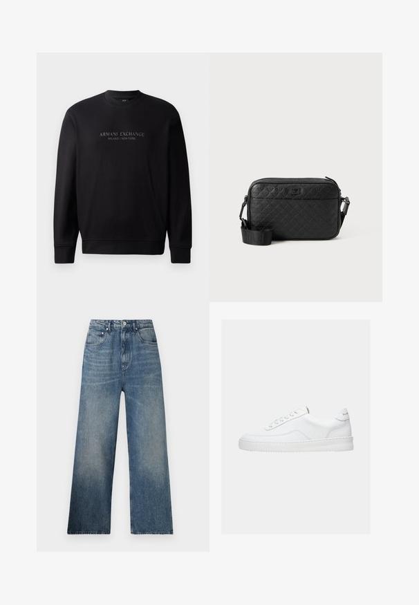 Sorte crewneck sweatshirt med "ARMANI EXCHANGE MILANO / NEW YORK" i prægede bogstaver på fronten. Stoffet er glat med ribbede manchetter.; Blå denim bredbenede jeans med høj talje, subtilt slid, fem lommer og metalknaplukning foran.; Hvid lavt sneaker med snørelukning, glat læderoverdel og tyk sål, vist fra siden på en ensfarvet baggrund.; Sort tekstureret crossover-taske med prægede geometriske mønstre og justerbar rem med brandlogo.