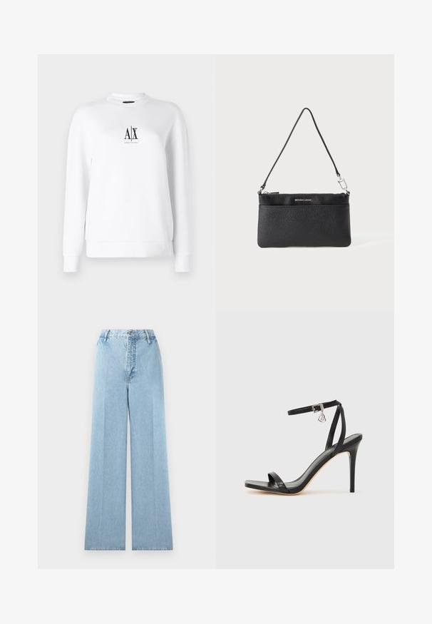 Sweat-shirt blanc à manches longues, poignets côtelés et col rond. Présente un logo noir sur le devant. Tissu lisse et léger.; Jeans larges bleu clair en denim avec une taille haute, comprenant cinq passants de ceinture, une fermeture à bouton à l'avant et des coutures cousues.; Sandale à talon haut noire avec une bride étroite à la cheville, bout carré, cuir lisse et accent de boucle métallique.; Porte-monnaie en cuir noir, finition texturée, fermeture à glissière, quincaillerie en métal argenté, logo de la marque, bandoulière réglable. Forme compacte et rectangulaire.
