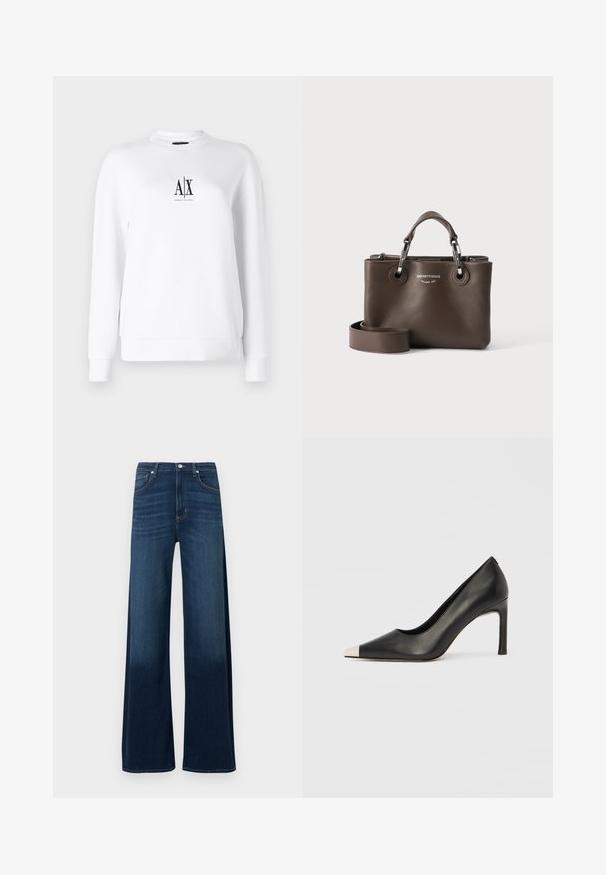 Sweat-shirt blanc à manches longues, poignets côtelés et col rond. Présente un logo noir sur le devant. Tissu lisse et léger.; Jean à jambes larges en denim bleu foncé. Caractéristiques : taille haute, cinq poches, légères décolorations et surpiqûres décoratives le long des coutures.; Chaussure à talon haut en cuir noir avec bout pointu et capuchon argenté métallique. Présente une finition lisse et un talon fin de 10 cm.; Sac à main en cuir marron foncé avec des poignées courtes, une bandoulière amovible et le logo argenté Emporio Armani Milano 1981 sur le devant.