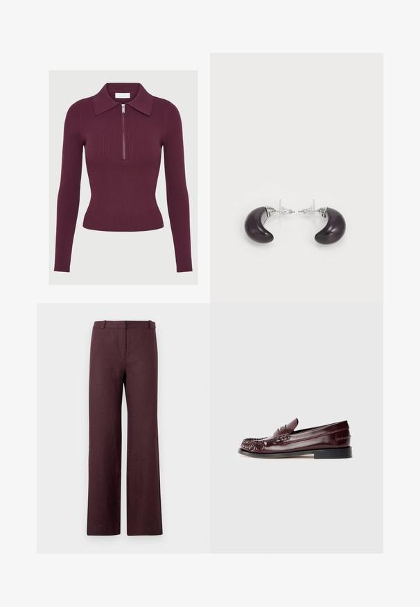 T-shirt en maille côtelée à manches longues de couleur violet foncé, avec un col et une fermeture éclair argentée à l'avant, silhouette ajustée.; Pantalon droit marron foncé avec une ceinture et une fermeture avant cachée, présenté sur un fond clair uni.; Mocassin penny en cuir bordeaux avec semelle noire et détail en métal doré sur le dessus, présenté en vue latérale sur fond blanc.; Boucles d'oreilles en résine violet foncé en forme de croissants de lune, avec des accents en métal argenté et des attaches arrière en plastique transparent pour un maintien sûr.