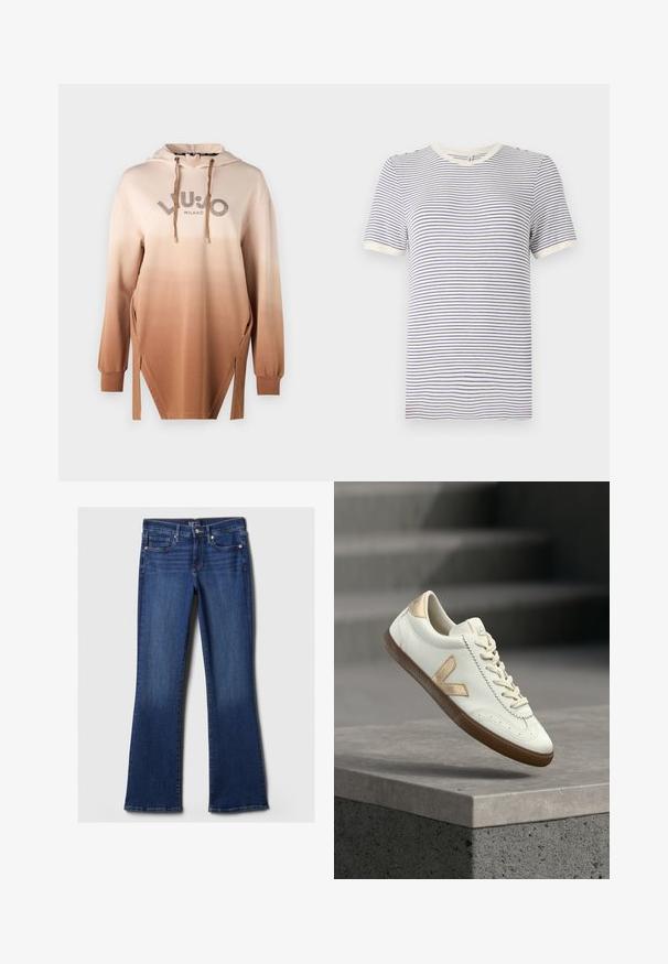 Huppari, jossa on beigen ja ruskean välinen gradientti, metallinhohtoinen logo, sivuhaarat ja ribat. Sujuva, pehmeä pinta.; Raidallinen t-paita valkoisena ja tummansinisenä, lyhyet hihat, pyöreä pääntie, jossa on erottuva kaulus ja hihansuut. Pehmeä puuvillakangas.; Tummansiniset farkut, joissa on leveät lahkeet, viisi taskua, napin sulkeminen ja ompeluyksityiskohdat vyötäröllä ja taskuissa. Sujuva pinta.; Valkoinen nahkainen lenkkitossu, jossa on kullanvärisiä yksityiskohtia, kuvioitu kumipohja ja klassinen nauhoitus. Sivussa erottuva 'V'-logo vaaleanruskeassa sävyssä.
