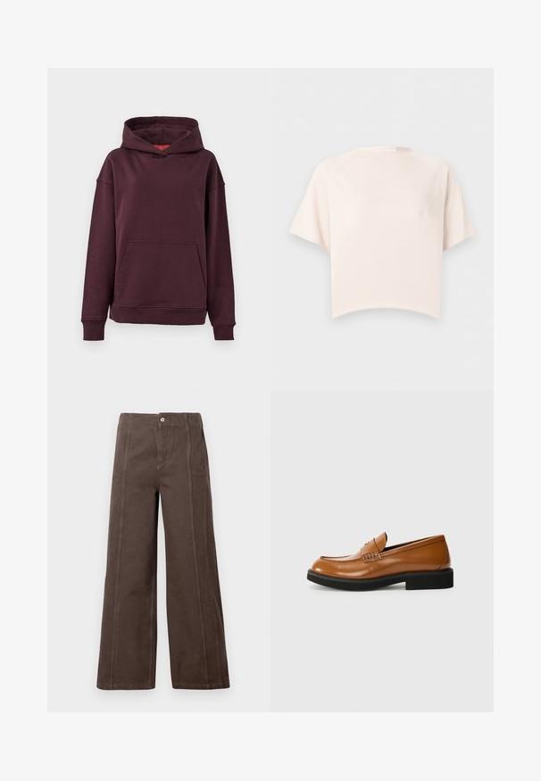 Bordeaux hoodie met een kangaroo zak, ruime mouwen en een grote capuchon. Gemaakt van zachte, rekbare katoenmix stof.; Korte mouwen, crèmekleurige, ribgebreide cropped top met een ronde halslijn op een effen witte achtergrond.; Bruine wijde broek gemaakt van soepel materiaal, met voren ingenaaide naden en een enkele metalen knoopsluiting op de tailleband.; Bruine leren loafers met een gepolijste afwerking, voorzien van een naadloos ontwerp, zwarte rubberen zool en een subtiele stikdetail aan de voorkant.