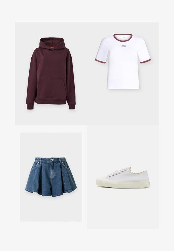 Bordeaux hoodie met een kangaroo zak, ruime mouwen en een grote capuchon. Gemaakt van zachte, rekbare katoenmix stof.; Witte T-shirt met korte mouwen en bordeauxrode biezen aan de kraag en mouwranden, met een klein ovaal logo met tekst op de borst.; Denim blauwe rok met plooien die op shorts lijken, met riemlussen, knoop aan de voorkant, ritssluiting en voor- en achterzakken.; Canvas sneakers in het wit met een ronde neus, vetersluiting aan de voorkant en een crèmekleurige rubberen zool. Bevat metalen oogjes en gestikte details.