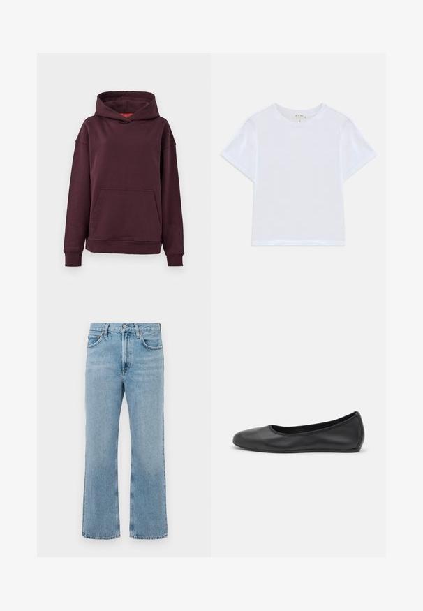Hoodie bourgogne avec une poche kangourou, des manches larges et une capuche spacieuse. Fabriqué en tissu doux et extensible en mélange de coton.; T-shirt blanc court en coton doux, avec un col rond et des manches courtes, d'ajustement légèrement décontracté. Pas de motifs ni d'accents.; Jean en denim bleu clair avec une coupe droite, taille haute, coutures visibles et un léger effet délavé. Pas d'ornements ni de métal.; Ballerines en cuir noir avec un bout rond, texture lisse, détails de couture minimalistes et design de semelle flexible.