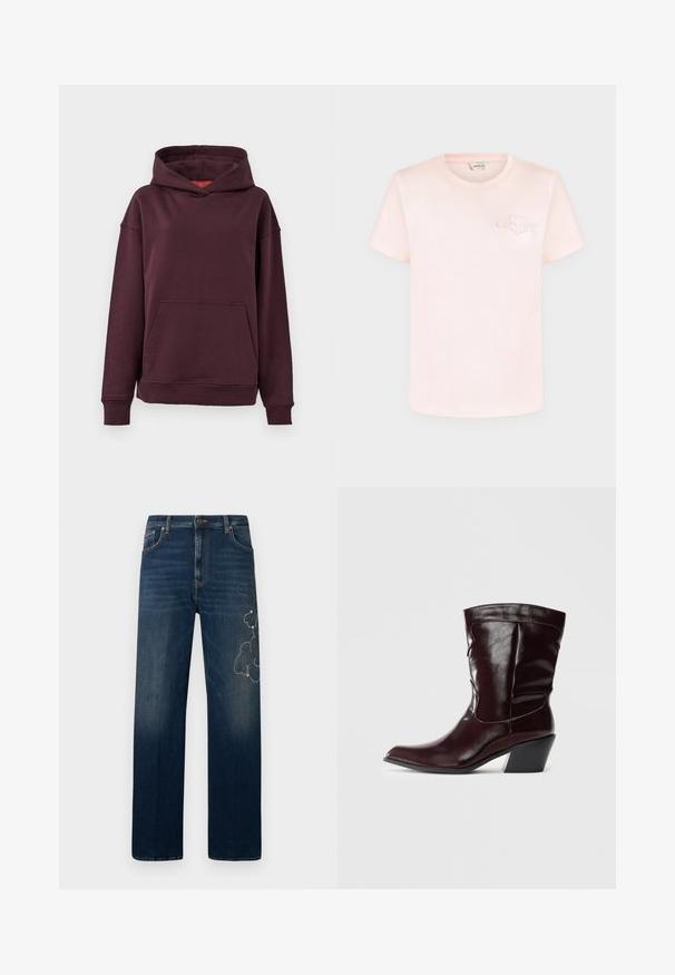 Bordeaux hoodie med kænguru-lomme, brede ærmer og en rummelig hætte. Fremstillet af blødt, strækbart bomuldsblandingsmateriale.; Lyserød t-shirt med korte ærmer og rund hals med subtilt præget GANT-logo på venstre bryst.; Mørkeblå jeans lavet af denim, med et lige ben-design. Bemærkelsesværdige broderede detaljer på venstre lår med dekorative elementer.; Bordeaux læder ankelstøvler med spids tå, tekstureret overflade og en lav, taperet hæl. Har diskrete søm og en tætsiddende pasform.