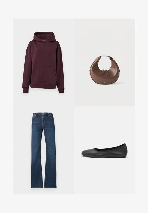 Bordeaux hoodie med kænguru-lomme, brede ærmer og en rummelig hætte. Fremstillet af blødt, strækbart bomuldsblandingsmateriale.; Mørkeblå denimjeans med høj talje, lige vide ben, forlommer og knaplukning på hvid baggrund.; Sort læderballetsko med rund tå, glat tekstur, minimal syning og et fleksibelt såldesign.; Brun læderhåndtaske i halvmåneform med en øverste hank og to lynlås-dragere på en hvid baggrund.