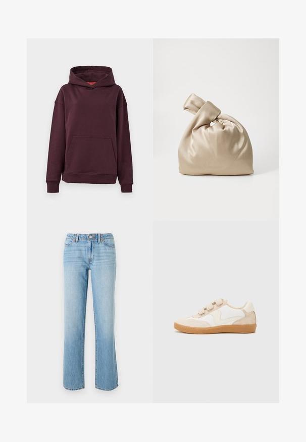 Bordeaux hoodie med kænguru-lomme, brede ærmer og en rummelig hætte. Fremstillet af blødt, strækbart bomuldsblandingsmateriale.; RE/DONE THE SANASA - Jeans Relaxed Fit - media noche; Sneakers i hvid og beige læder med nubuck-detaljer, der har en rund tå, tre velcrobånd og en gummisål.; Beige satin taske med knyttet top, der har en blød, glat tekstur og en rund form, designet til at være simpel og elegant.