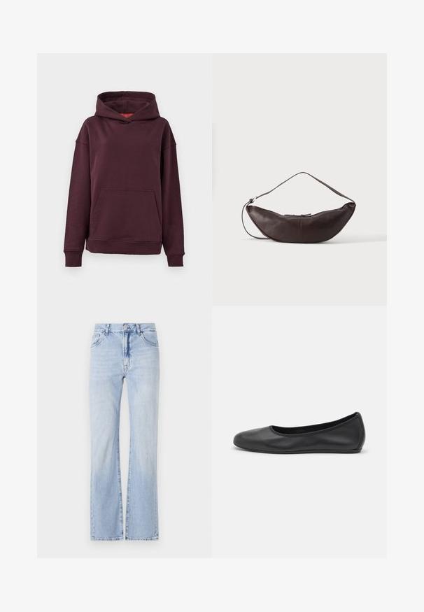 Bordeaux hoodie med kænguru-lomme, brede ærmer og en rummelig hætte. Fremstillet af blødt, strækbart bomuldsblandingsmateriale.; Lysblå denim flared jeans med fem lomme-design, bæltestropper og knaplukning. Blød tekstur med subtil fading.; Sort læderballetsko med rund tå, glat tekstur, minimal syning og et fleksibelt såldesign.; Mørkebrun læder skuldertaske i halvmåneform med buet rem og synlige syninger på ensfarvet baggrund.