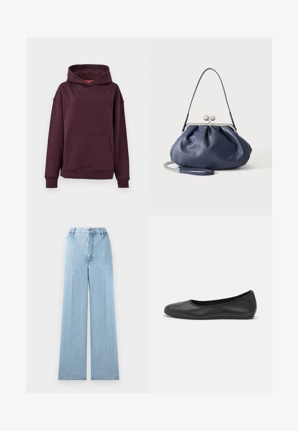 Bordeaux hoodie med kænguru-lomme, brede ærmer og en rummelig hætte. Fremstillet af blødt, strækbart bomuldsblandingsmateriale.; Lyseblå bredbenede jeans lavet af denim med høj talje, som har fem bæltestropper, en frontknaplukning og stikninger.; Sort læderballetsko med rund tå, glat tekstur, minimal syning og et fleksibelt såldesign.; Blød navyblå læderhåndtaske med sølv lukning, enkelt skulderrem og aftagelig kæde til håndleddet på hvid baggrund.