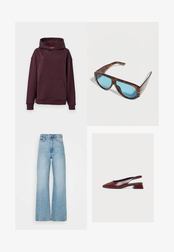 Hoodie bourgogne avec une poche kangourou, des manches larges et une capuche spacieuse. Fabriqué en tissu doux et extensible en mélange de coton.; Jean en denim bleu clair taille haute à jambes larges. Il présente une fermeture classique à bouton et à glissière, avec une texture légèrement délavée et des coutures contrastées.; Chaussure slingback en cuir bordeaux à bout pointu et petit talon bloc, présentée de profil sur fond blanc.; Lunettes de soleil écaille de tortue avec verres bleus et monture large, présentant un discret accent doré sur les branches et le logo ALDO à l'intérieur de la branche.