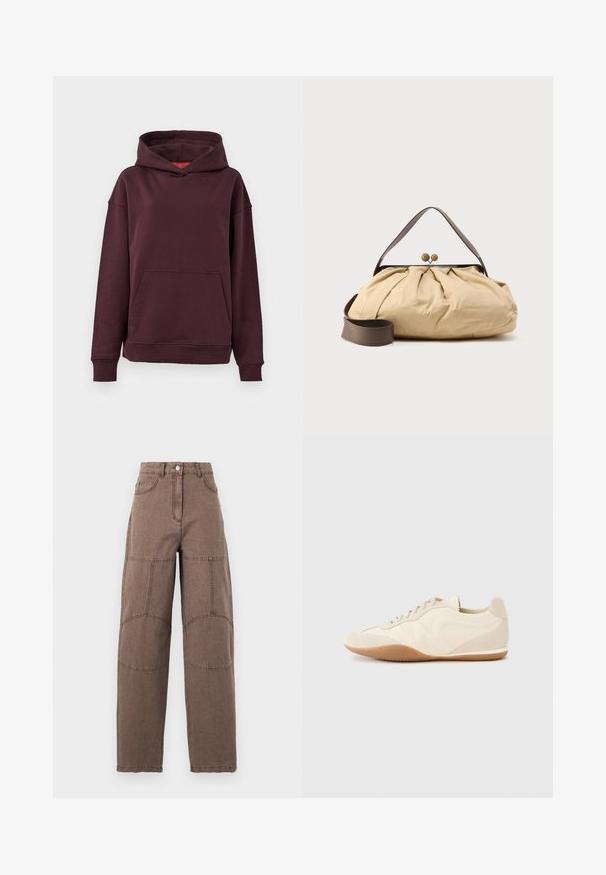 Hoodie bourgogne avec une poche kangourou, des manches larges et une capuche spacieuse. Fabriqué en tissu doux et extensible en mélange de coton.; Pantalon marron taille haute à jambes droites avec des patchs visibles aux genoux, fermeture à boutons sur le devant et poches avant, présenté sur un fond uni.; Baskets beige clair avec une tige en cuir texturé, des panneaux latéraux texturés et une semelle en caoutchouc. Dotées d'un design fin et épuré ainsi que de lacets plats.; Sac en tissu beige avec un design froncé, poignée en cuir marron et deux fermetures métalliques rondes en haut. Sangle marron réglable incluse.