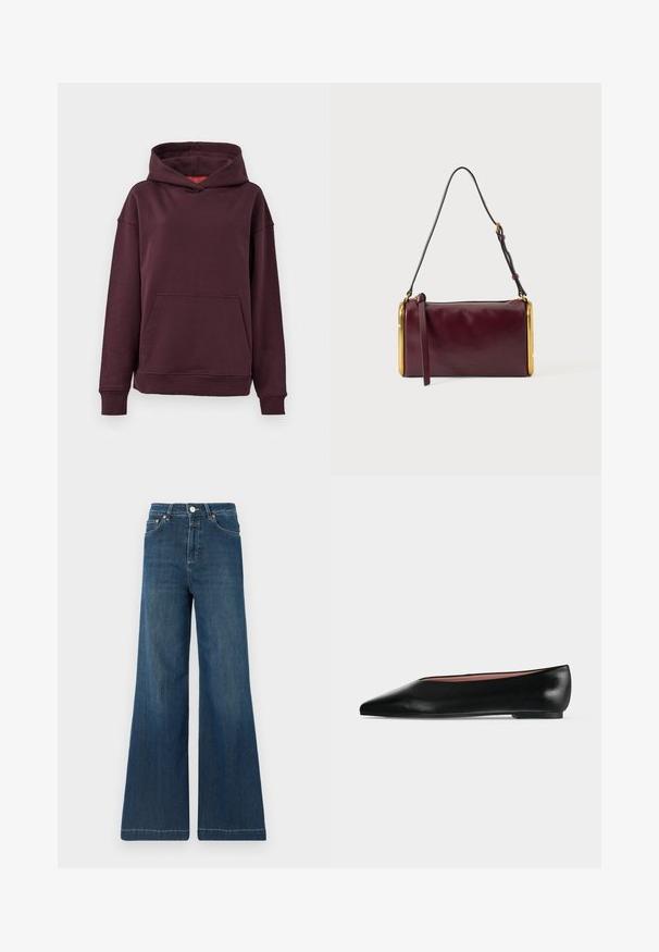 Bordeaux hoodie met een kangaroo zak, ruime mouwen en een grote capuchon. Gemaakt van zachte, rekbare katoenmix stof.; Wijde jeans in donkerblauw denim, met een hoge taille, koperen hardware en subtiele vervaging. Schone zoom zonder extra patronen.; Zwarte leren damesschoen met platte zool, puntige neus en lage hak, zijwaarts afgebeeld tegen een effen lichtgrijze achtergrond.; Bordeaux leren cilindrische schoudertas met gouden metalen frame-accenten en verstelbare zwarte band op een lichtgrijze achtergrond.